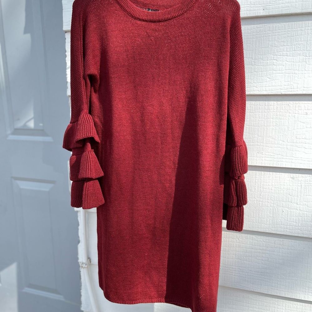 Red Knit Dress with Ruffle Sleeves